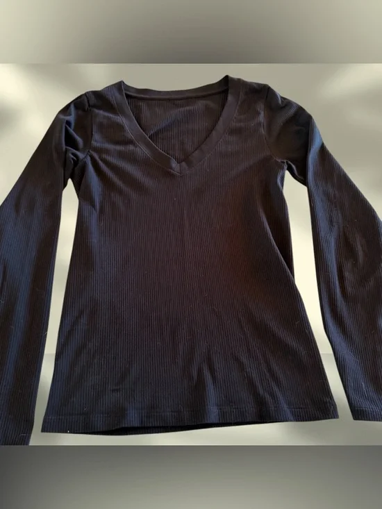 V-Neck Ribbed Long Sleeve Top - Black, Stretch, Size Small - Picture 1 of 10